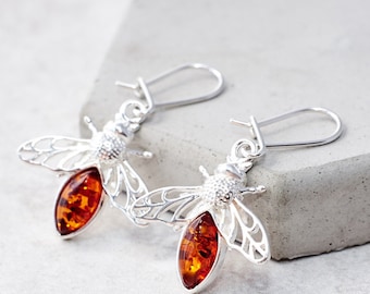 Baltic Amber Bee Earrings Natural Amber Bee Earrings Sterling Silver Bee Earrings Amber Bumble Bee Earrings Amber Bee Jewellery