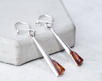 Dainty Amber Earrings Baltic Amber Earrings Sterling Silver Earrings Geometric Amber Earrings Authentic Delicate Amber Dangle Earrings