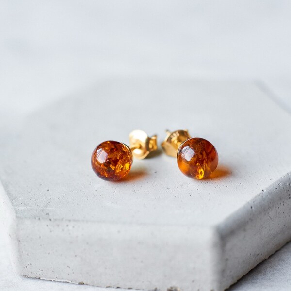 Dainty Baltic Amber Stud Earrings Natural Amber Studs Sterling Silver Stud Earrings Silver Stud Brown Orange Stud Earrings Gold Earrings