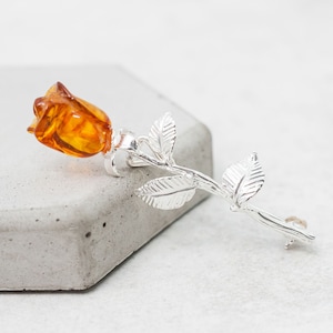 Cognac Amber Rose Brooch Baltic Amber Flower Brooch Carved Amber Rose Pin Natural Amber Carved Rose Silver Rose Gardener Idea Spring Gift