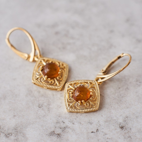 Vintage Amber Earrings Gold Plated Silver Earrings Baltic Amber Dangle Earrings Unique Handmade Drop Earrings Gold Amber Victorian Earrings