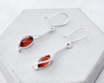 Dainty Baltic Amber Drop Earrings Authentic Amber Dangle Earrings Sterling Silver Teardrop Earrings Gift for Her Long Amber Earrings Amber