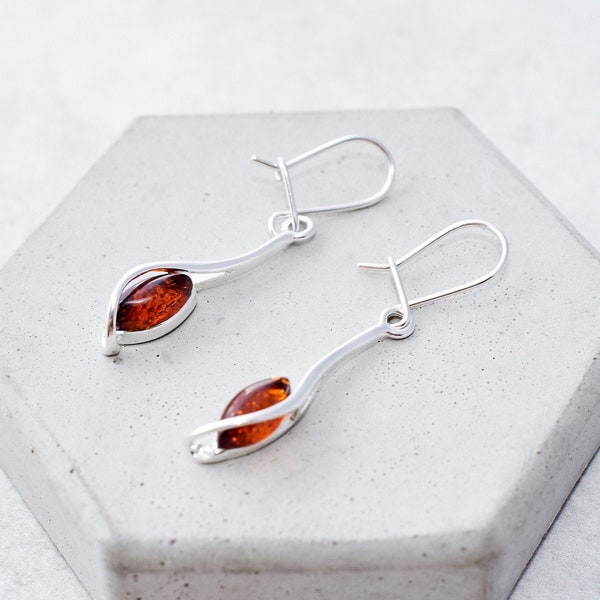 Dainty Baltic Amber Drop Earrings Authentic Amber Dangle Earrings Sterling Silver Teardrop Earrings Gift for Her Long Earring Spring Gift