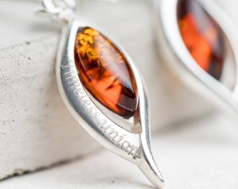 Baltic Amber Earrings Sterling Silver Personalised Earrings Lightweight Earrings Custom Made Earrings Engraved Name Earrings Amber Jewellery