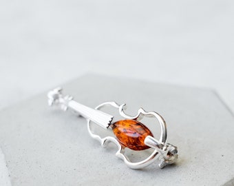 Baltic Amber Violin Brooch Sterling Silver Violin Brooch Music Lover Pendant Necklace Music Teacher Gift End of Year Appreciation Gift