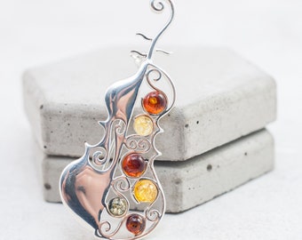 Silver Cello Brooch Multicolour Amber Cello Brooch Cello Player Gift Cello Teacher Gift Baltic Amber Brooch Silver Cello Pin Vintage Brooch