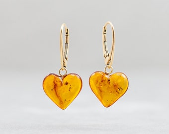 Heart Earrings in Baltic Amber and Gold-Plated Sterling Silver Amber Heart Earrings Baltic Amber Dangle Earrings Amber Drop Earrings