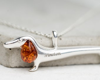 Personalised Dachshund Baltic Amber Necklace Sausage Dog Silver Pendant Necklace with Amber Natural Amber Custom Dog Necklace Dog Memorial