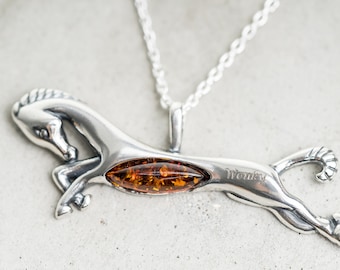 Personalised Amber Horse Pendant Necklace Custom Made Silver Horse Charm Engraved Horse Name Pendant Amber Horse Lover Gift Horse Jewellery