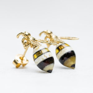 Gold Amber Bee Earrings Silver Bumblebee Earrings Baltic Amber Honey Bee Stud Earrings Cute Bee Studs Bee Drop Earrings Amber Bee Jewelry image 3