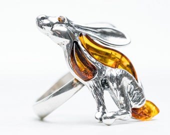 Baltic Amber Hare Ring Silver Hare Ring Silver Rabbit Ring Sterling Silver Bunny Ring Adjustable Ring Hare Jewellery Moon Gazing Hare