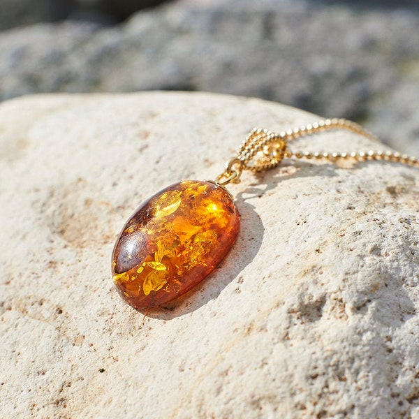 Amber Necklace Pendant Sterling Silver Amber Pendant Natural Baltic Amber Pendant Gold Plated Silver Pendant Oval Amber Pendant Gift for Her