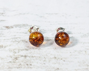 Baltic Amber Stud Earrings, Silver Tiny Post Earrings, Everyday Minimalist Earrings, Stone Round Amber Earrings, Delicate Cute Earrings