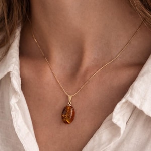 Gold Baltic Amber Pendant, Oval Gemstone Necklace, Sterling Silver Stone Charm, Minimalist Fossilized Tree Resin Amulet, Gift Idea for Woman