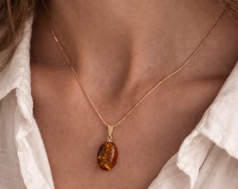 Gold Baltic Amber Pendant, Oval Gemstone Necklace, Sterling Silver Stone Charm, Minimalist Fossilized Tree Resin Amulet, Gift Idea for Woman