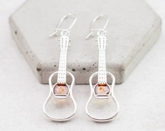 Sterling Silver Guitar Earrings with Amber Stones Silver Guitar Jewellery Baltic Amber Guitar Earrings Guitar Gift Silver Music Earrings