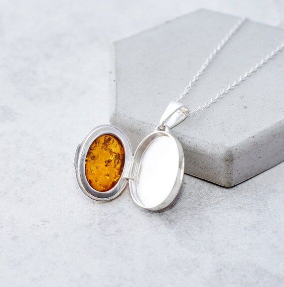 Baltic Amber Locket Pendant Necklace Sterling Silver Locket