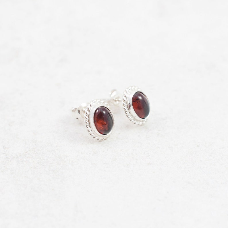 Classic Baltic Amber Stud Earrings Sterling Silver Stud Earrings Natural Cherry Amber Stone Red Amber Cabochon Earrings Dainty Stud Earrings image 2