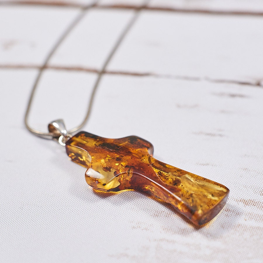 Collar Cruz Con Ámbar Para Hombre O Mujer, Plata 925, Ámbar Báltico Color Coñac, Colgante Cruz De Plata Amber K Con Cadena, Idea De Regalo Original