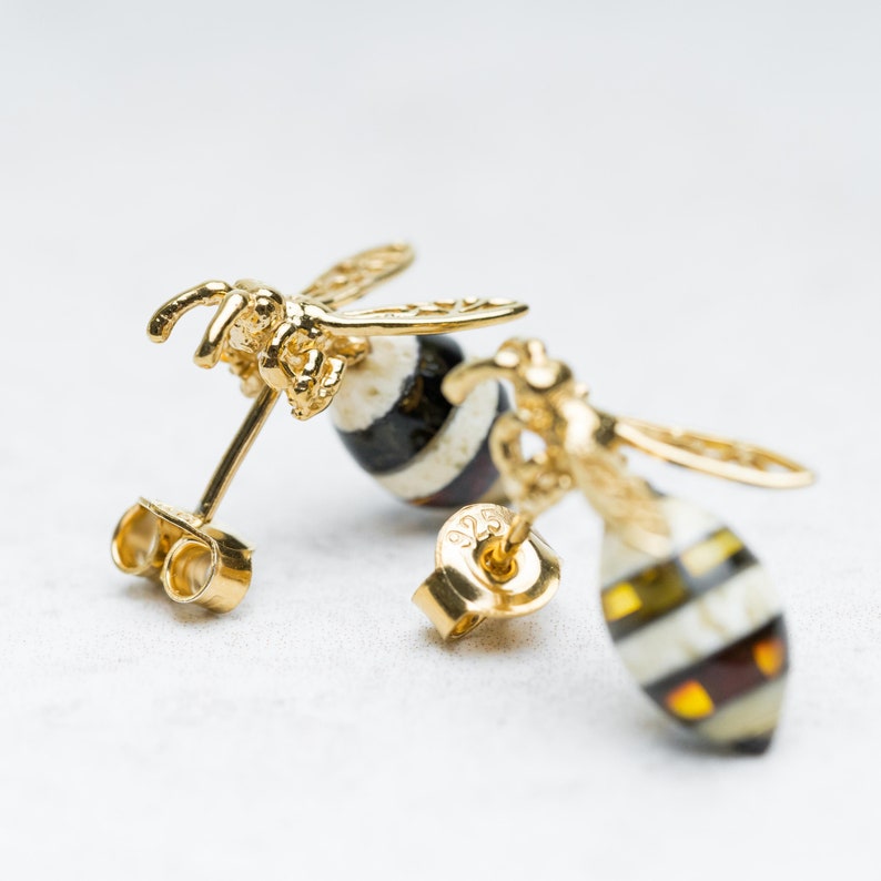 Gold Amber Bee Earrings Silver Bumblebee Earrings Baltic Amber Honey Bee Stud Earrings Cute Bee Studs Bee Drop Earrings Amber Bee Jewelry image 6
