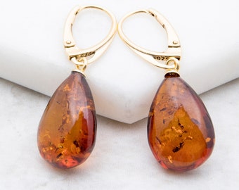 Baltic Amber Earrings 925 Sterling Silver Amber Drop Earrings Gold Plated Teardrop Earrings Orange Long Amber Earrings Honey Amber Earrings