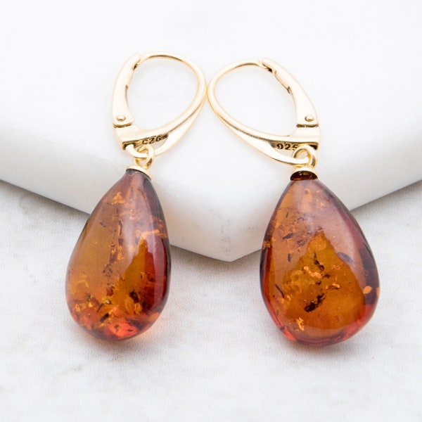 Baltic Amber Earrings 925 Sterling Silver Amber Drop Earrings Gold Plated Teardrop Earrings Orange Long Amber Earrings Honey Amber Earrings