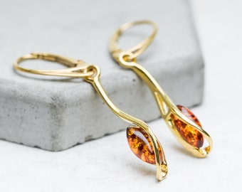 Gold-Bernstein-Ohrringe Bernstein-Tropfen-Ohrringe Silber-Ohrringe Ohrringe für den Alltag Bernstein-Edelstein-Ohrringe Baltischer Bernstein-Ohrringe Teardrop Ohrringe