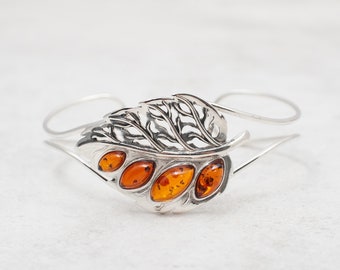 Baltic Amber Cuff Bracelet Natural Amber Bracelet Amber Leaf Bangle Bracelet Amber Bracelet Sterling Silver Cuff Bracelet