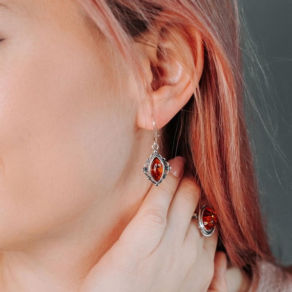 Orecchini Pendenti In Ambra Azteca, Argento Sterling 925 - Foto 4