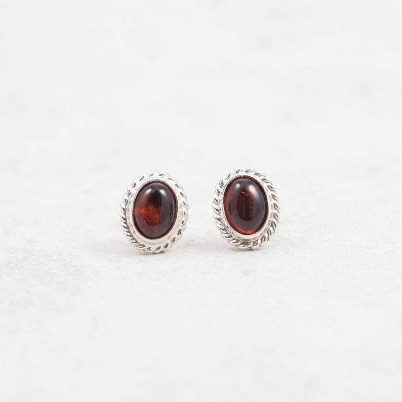 Classic Baltic Amber Stud Earrings Sterling Silver Stud Earrings Natural Cherry Amber Stone Red Amber Cabochon Earrings Dainty Stud Earrings image 1