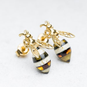 Gold Amber Bee Earrings Silver Bumblebee Earrings Baltic Amber Honey Bee Stud Earrings Cute Bee Studs Bee Drop Earrings Amber Bee Jewelry image 2