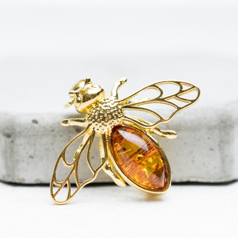 Gold Bee Brooch in Baltic Amber Sterling Silver Bee Brooch Silver Bee Pin Baltic Amber Bumble Bee Brooches Bug Insect Jewelry Beekeeper Gift image 3