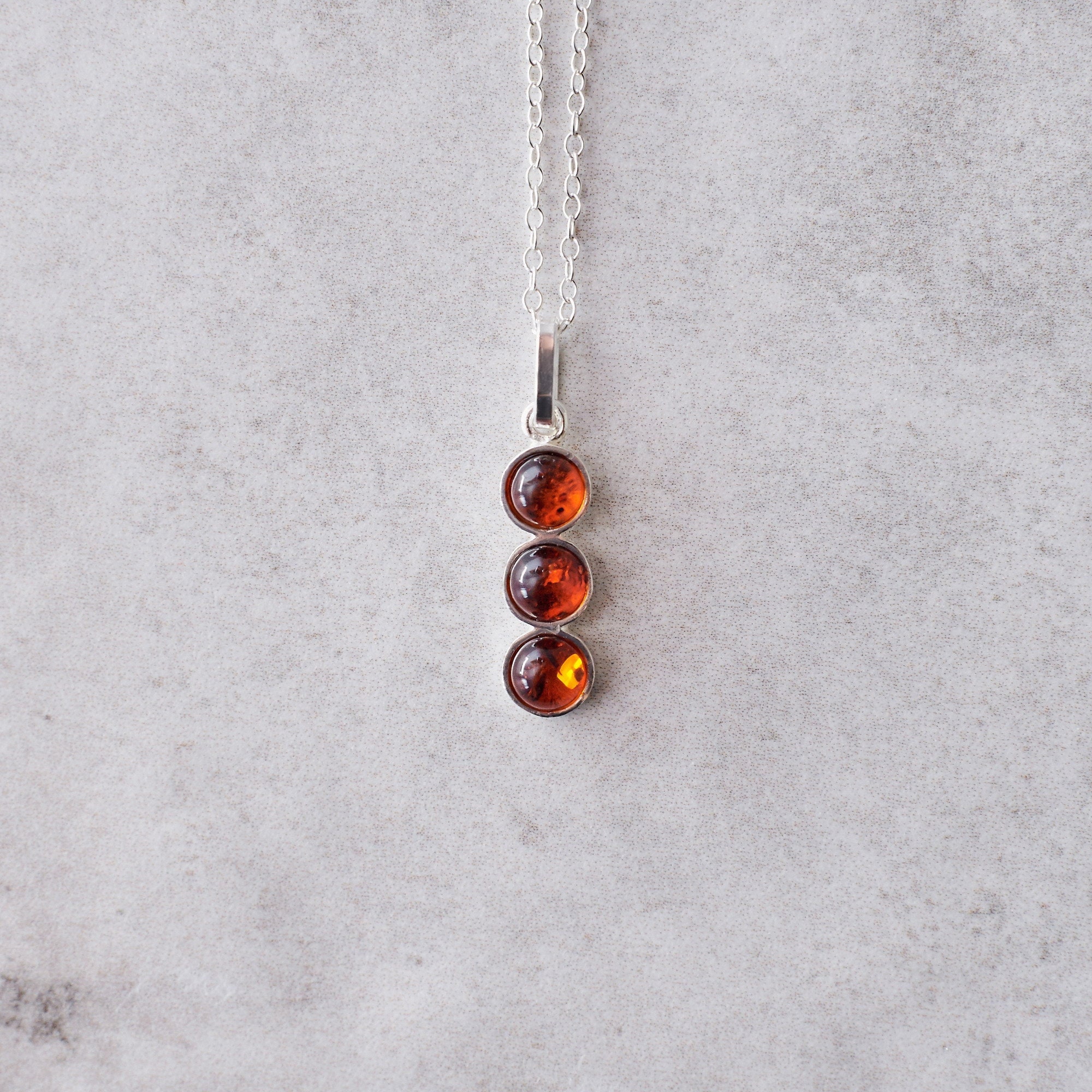 Three Stones Amber Pendant Necklace Silver Necklace Oval Cabochon