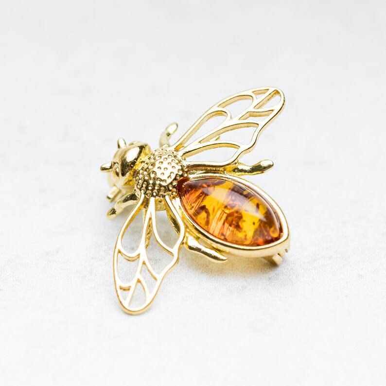 Gold Bee Brooch in Baltic Amber Sterling Silver Bee Brooch Silver Bee Pin Baltic Amber Bumble Bee Brooches Bug Insect Jewelry Beekeeper Gift image 1