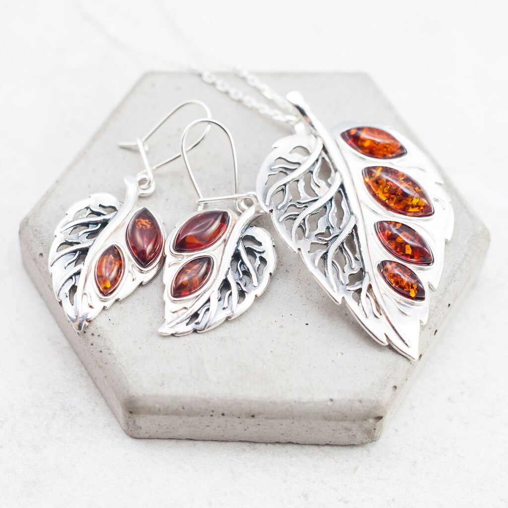 Orecchini Pendenti In Argento Sterling E Ambra Baltica Noda 070387 - Design A Foglia - Gioielli Ipoallergenici