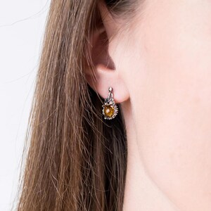 May include: Silver earrings with a small amber stone and a hedgehog design.