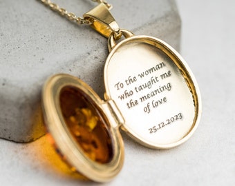 Personalized 24k Gold Plated Baltic Amber Locket - Sterling Silver Picture Pendant - Custom Engraved Keepsake Gift