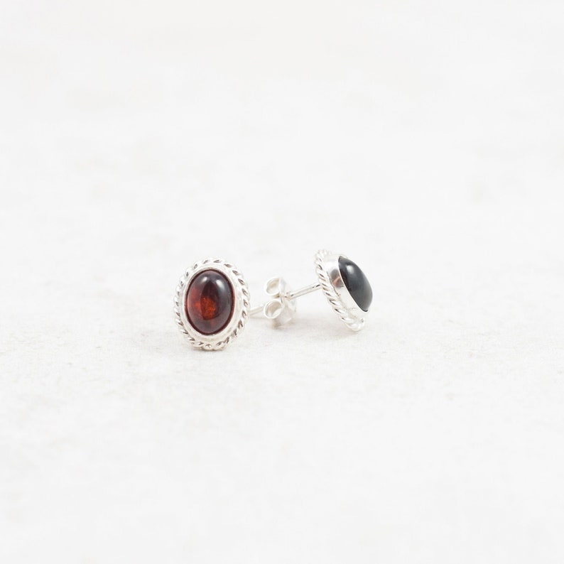 Classic Baltic Amber Stud Earrings Sterling Silver Stud Earrings Natural Cherry Amber Stone Red Amber Cabochon Earrings Dainty Stud Earrings image 5