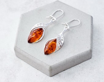 Baltic Amber Earrings Amber Dangle Drop Earrings Elegant Amber Long Earrings Sterling Silver Earrings Amber Statement Earrings Gift for Her