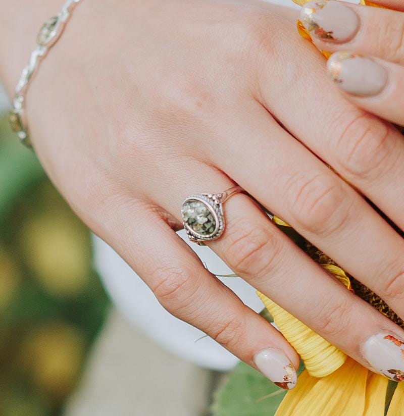Bague Ambre Vert Et Argent 925 - Taille 52, Neuve Avec étiquettes