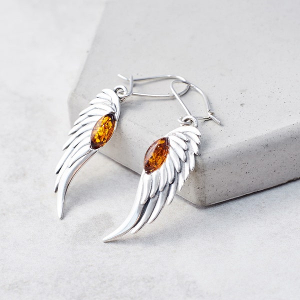 Baltic Amber Angel Wing Earrings Silver Angel Wings Earrings Amber Dangle Earrings Silver Wing Earrings Baltic Amber Earrings Angel Earrings