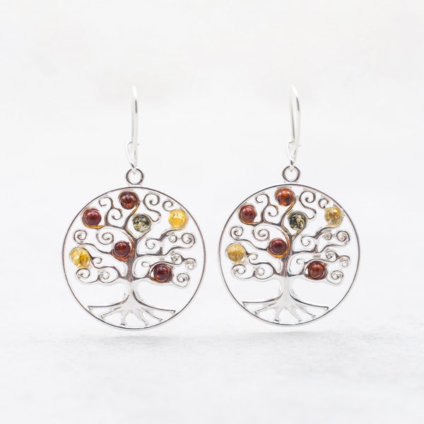 Tree of Life Amber Earrings – Baltic Amber Earrings – Mystical Boho Earrings with Tree of Life Charm – Handmade Silver Bohemian Earrings