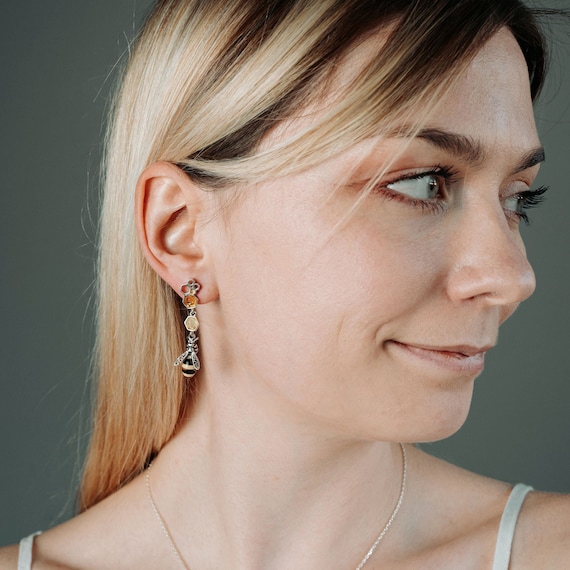 Orecchini Pendenti In Ambra Azteca, Argento Sterling 925 - Foto 2