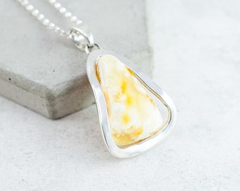 Unique Amber Stone Pendant Baltic Amber Necklace Natural Amber Pendant Yellow Amber Necklace White Egg Yolk Amber Jewel Modern Amber Jewelry