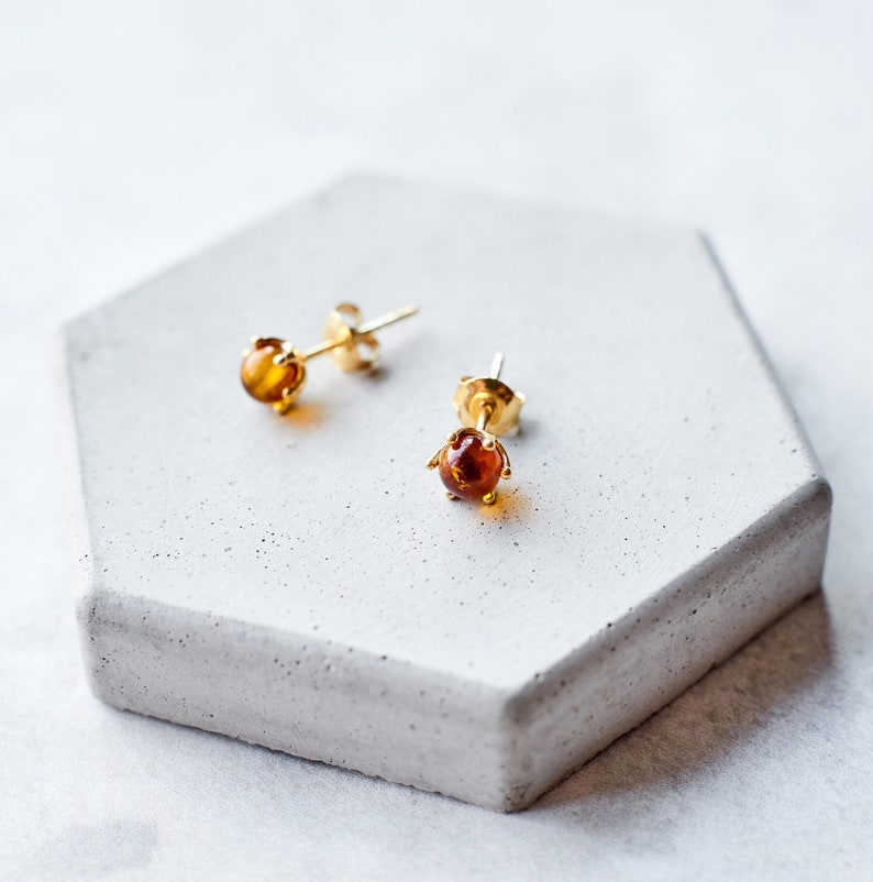 Dainty Baltic Amber Stud Earrings Natural Amber Studs Tiny Amber Earrings Gold Silver Stud Minimalist Earring Cognac Stud Earring Tiny Stone image 3