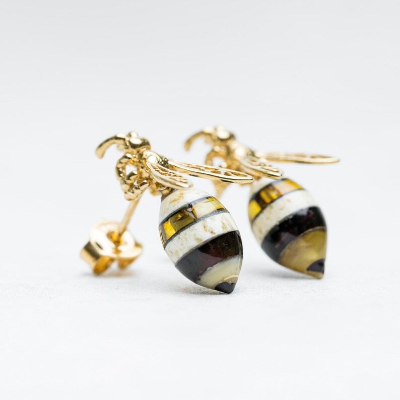 Gold Amber Bee Earrings Silver Bumblebee Earrings Baltic Amber Honey Bee Stud Earrings Cute Bee Studs Bee Drop Earrings Amber Bee Jewelry image 3