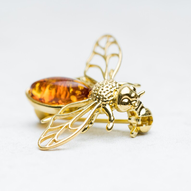 Gold Bee Brooch in Baltic Amber Sterling Silver Bee Brooch Silver Bee Pin Baltic Amber Bumble Bee Brooches Bug Insect Jewelry Beekeeper Gift image 5