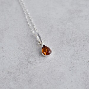 Puede incluir: Un collar de cadena de plata con un colgante en forma de l&aacute;grima con una piedra de &aacute;mbar marr&oacute;n.