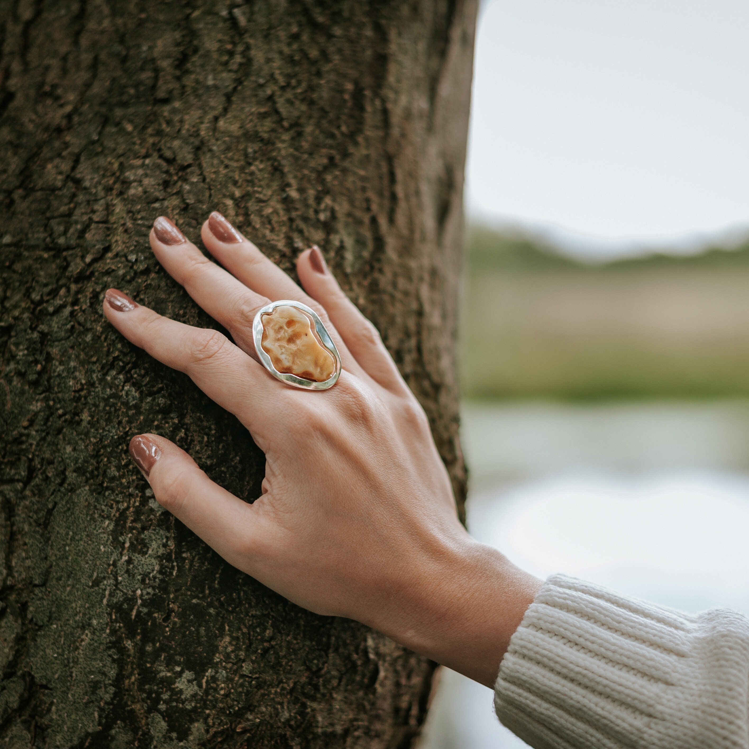 Bague 2203-B en Ambre véritable - Bijoux en Argent rhodié pour Femme