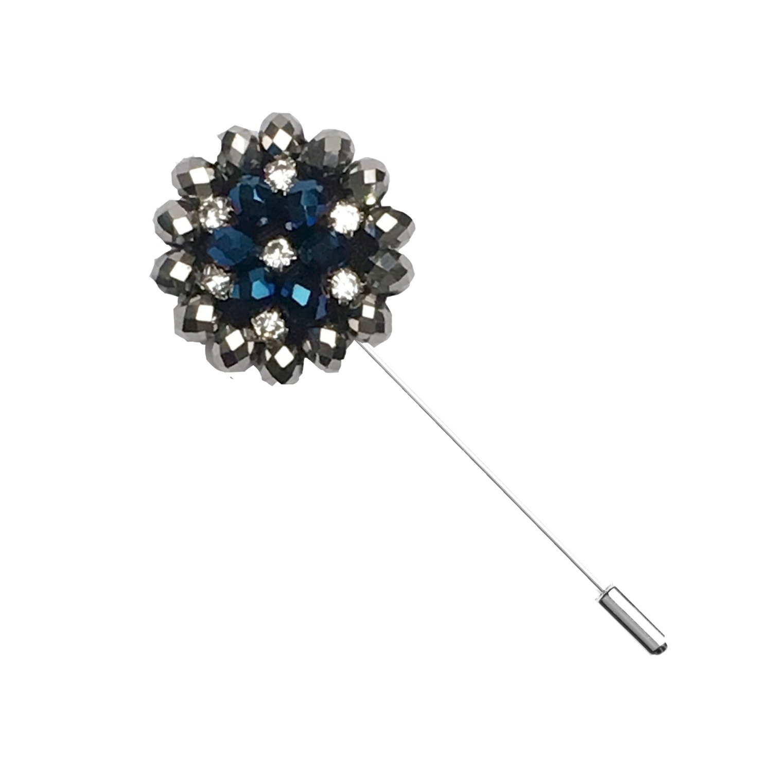 Blue Lapel Pin, Rhinestone Flower Pin, Wedding, Mens Lapel Pin